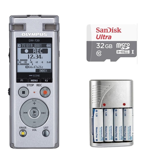 Olympus DM-720 4GB Digital Recorder (Silver) + 32GB Memory Card - Basic Kit (International Version)