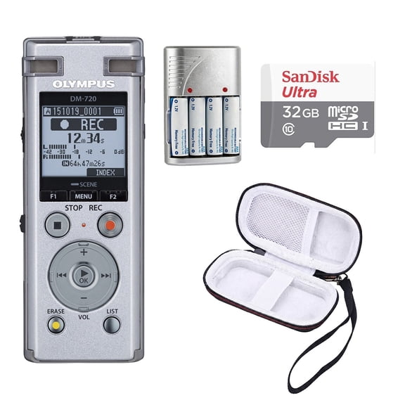 Olympus DM-720 4GB Digital Recorder (Silver) + 32GB Memory Card - Essential Kit (International Version)