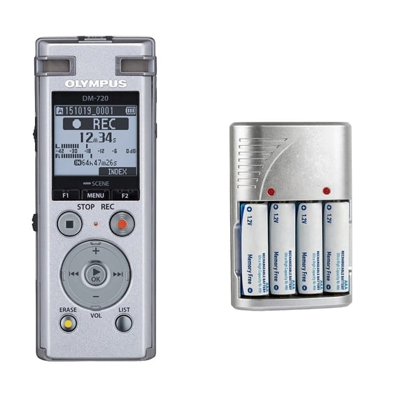 Olympus DM-720 4GB Digital Recorder (Silver) w/ Extra Batteries + Rapid Charger (International Version)