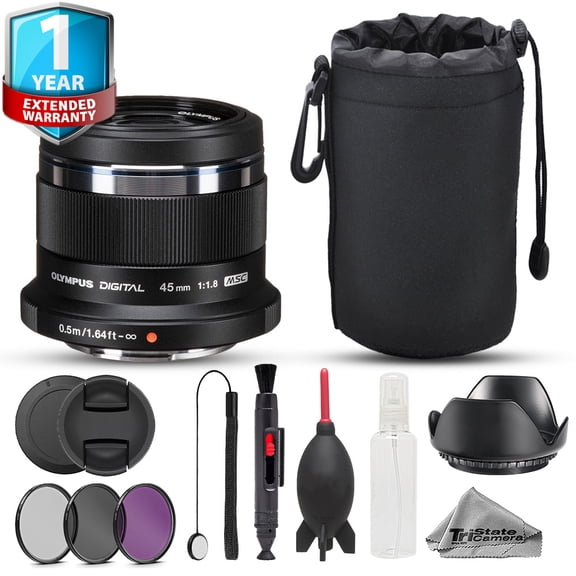 Olympus M.Zuiko 45mm Digital Lens (Black) - 10pc Advanced Bundle + 1 Yr Warranty