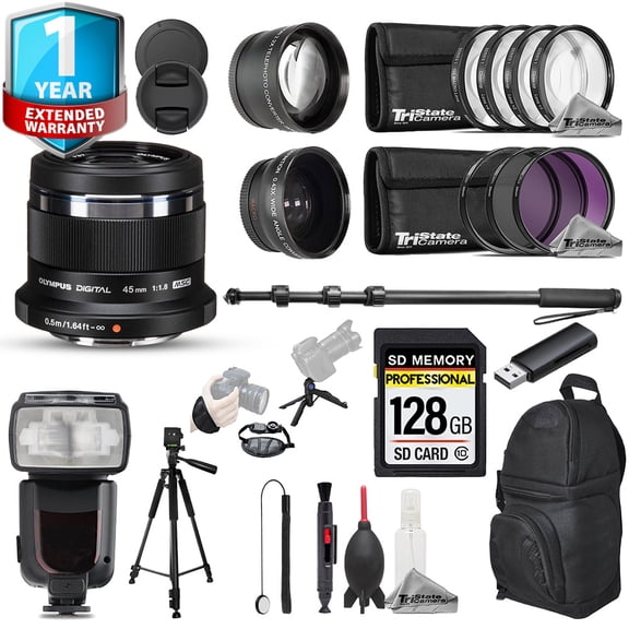 Olympus M.Zuiko 45mm Digital Lens (Black) - 22pc 128GB Ultimate Kit + 1 Yr Warranty