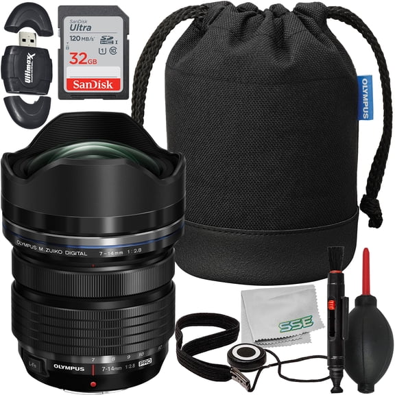 Olympus M.Zuiko Digital ED 7-14mm f/2.8 PRO Lens with Essential Accessory Bundle: SanDisk 32GB Ultra SDHC Memory Card, High-Speed Memory Card Reader & More (10pc Bundle)