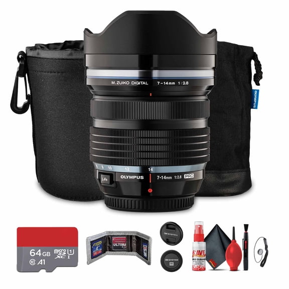 Olympus M.Zuiko Digital ED 7-14mm f/2.8 Pro Lens (V313020BU000) Bundle Including: 64 GB Memory Card, Card Reader, Lens Pouch, Full Cleaning Kit, Cap Keeper, Front & Rear Caps, Card Wallet