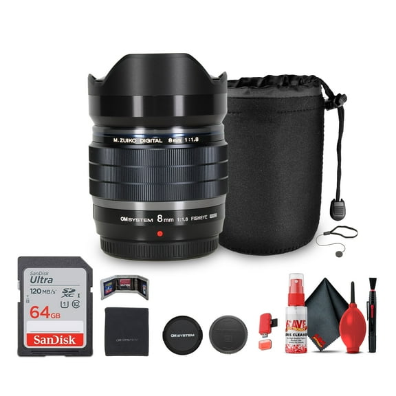 Olympus M.Zuiko Digital ED 8mm f/1.8 Fisheye PRO Lens (V312030BU000) Bundle Including: 64 GB Memory Card, Lens Pouch, Lens Caps, Cloth, Cleaning Kit, Card Reader, Card Wallet