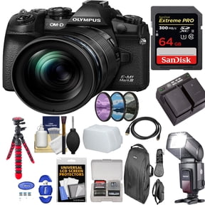Olympus OM:D E:M1 Mark III Mirrorless Digital Camera with 12:100mm Lens |Flash Speedlite | Sandisk 64Gb Essential Bundle
