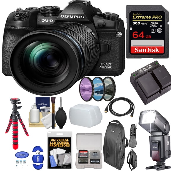 Olympus OM:D E:M1 Mark III Mirrorless Digital Camera with 12:100mm Lens |Flash Speedlite | Sandisk 64Gb Essential Bundle