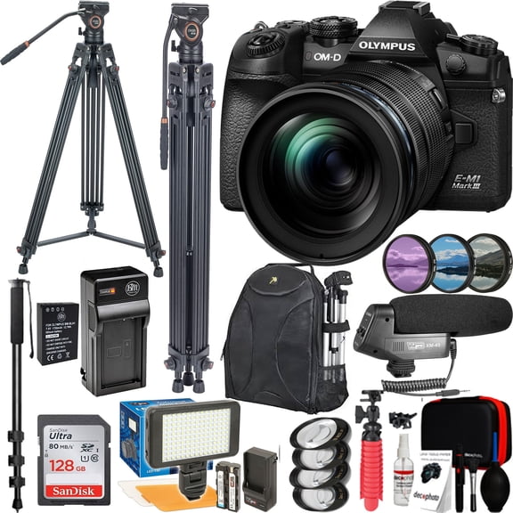 Olympus OM-D E-M1 Mark III Mirrorless Digital Camera with 12-40mm Lens with | 64 Tripod | Monopod | Microphone & More Bundle