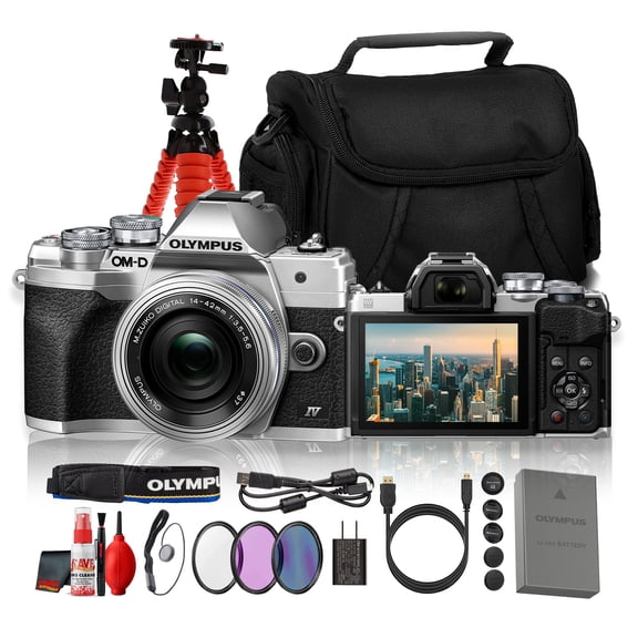 Olympus OM-D E-M10 Mark IV 20.3MP Mirrorless Camera Silver with 14-42mm EZ Lens | 4K Video, 5-Axis Stabilization, 8.7fps, Wi-Fi | Filter Kit, Tripod, Travel Bag