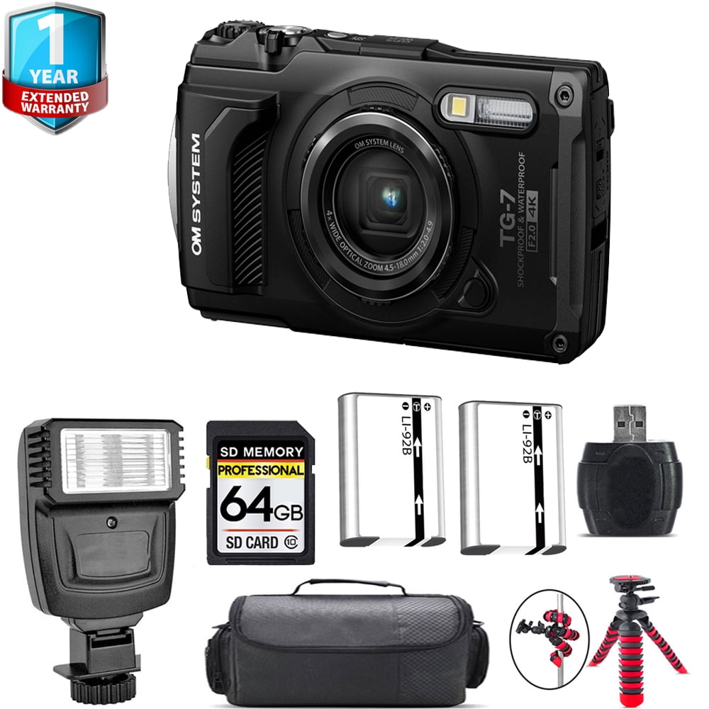 Olympus OM SYSTEM Tough TG-7 Digital Camera (Black) + 1 Yr