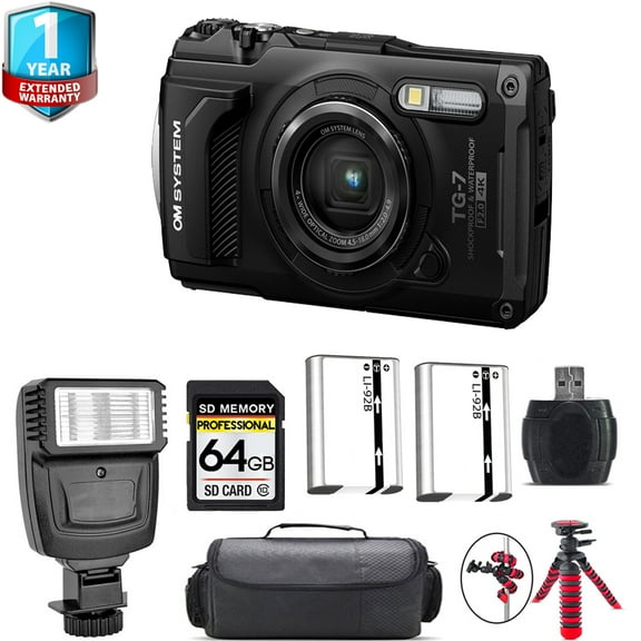 Olympus OM SYSTEM Tough TG-7 Digital Camera (Black) + 1 Yr Warranty + Flash - 64GB Kit (International Version)