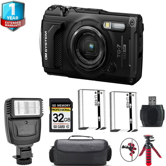 Olympus OM SYSTEM Tough TG-7 Digital Camera (Black) + Extra Battery + 1 Yr Warranty + 32GB (International Version)