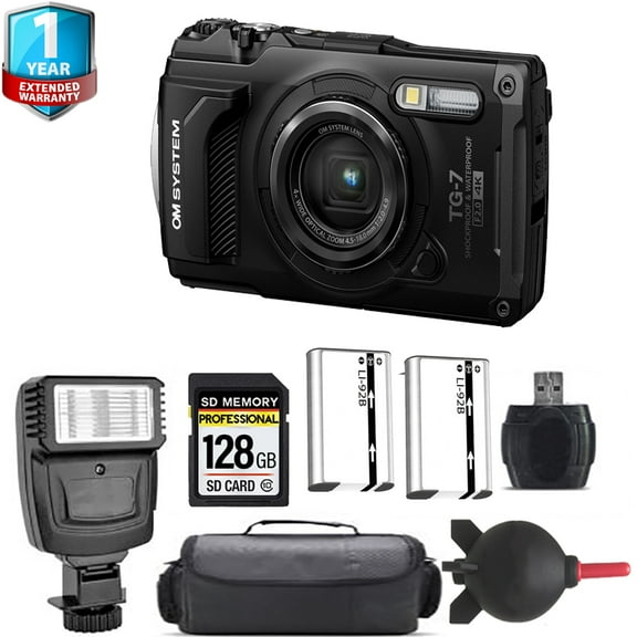 Olympus OM SYSTEM Tough TG-7 Digital Camera (Black) + Extra Battery + Flash+ 1 Yr Warranty (International Version)