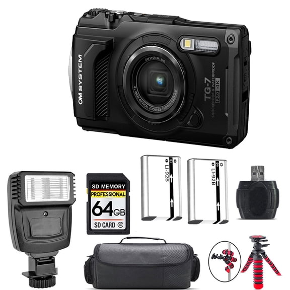 Olympus OM SYSTEM Tough TG-7 Digital Camera (Black) + Extra Battery + Flash - 64GB Kit