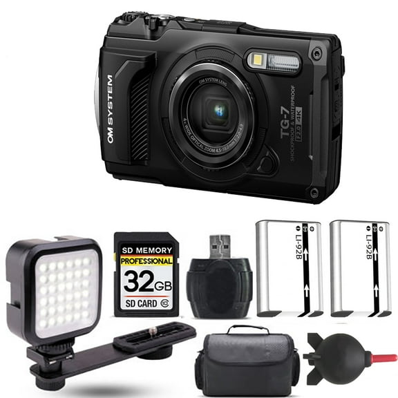 Olympus OM SYSTEM Tough TG-7 Digital Camera (Black)+ Extra Battery + LED - 32GB Kit