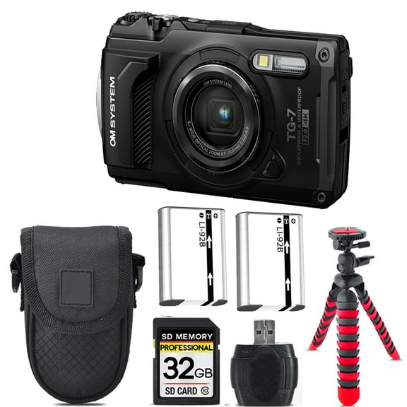 Olympus OM SYSTEM Tough TG-7 Digital Camera (Black) + Extra Battery +Tripod + Case -32GB Kit