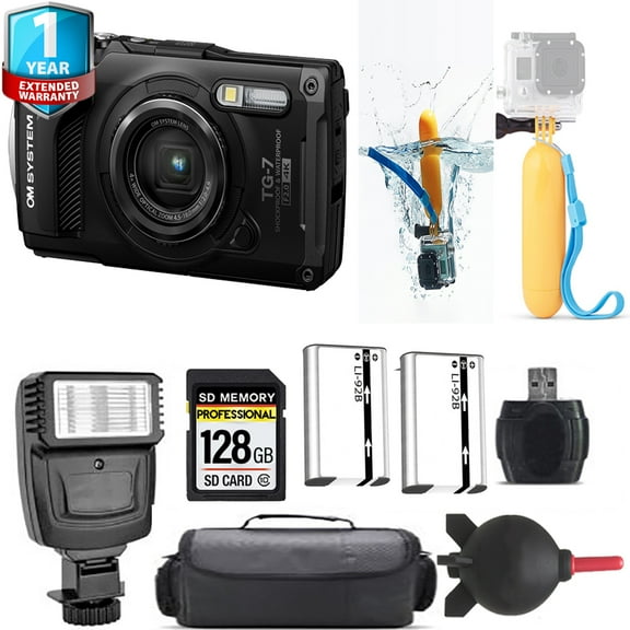 Olympus OM SYSTEM Tough TG-7 Digital Camera (Black) + Floating Hand Grip +  Extra Battery + Flash+ 1 Yr Warranty