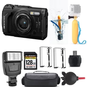 Olympus OM SYSTEM Tough TG-7 Digital Camera (Black) + Floating Hand Grip + Extra Battery + Flash - 128GB Kit (International Version)