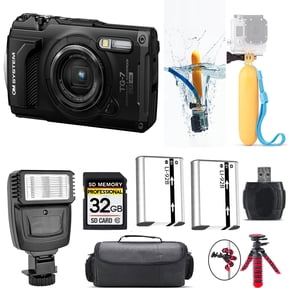Olympus OM SYSTEM Tough TG-7 Digital Camera (Black) + Floating Hand Grip + Extra Battery + Flash - 32GB Kit