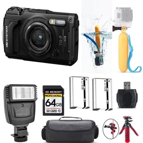 Olympus OM SYSTEM Tough TG-7 Digital Camera (Black) + Floating Hand Grip + Extra Battery + Flash - 64GB Kit