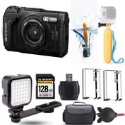 Olympus OM SYSTEM Tough TG-7 Digital Camera Black + Floating Hand Grip + Extra Battery + LED - 128GB Kit International Version