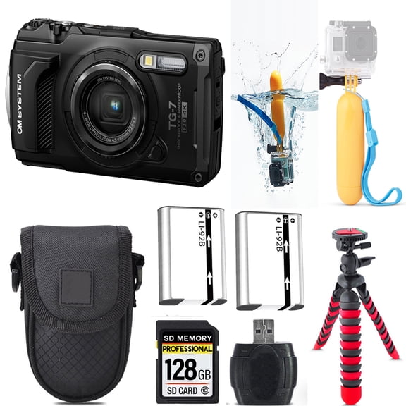 Olympus OM SYSTEM Tough TG-7 Digital Camera (Black) + Floating Hand Grip + Extra Battery +Tripod + Case -128GB Kit (International Version)