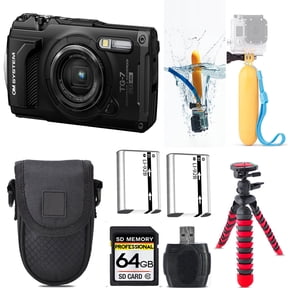 Olympus OM SYSTEM Tough TG-7 Digital Camera (Black) + Floating Hand Grip + Extra Battery +Tripod + Case -64GB Kit (International Version)
