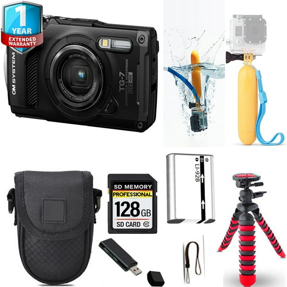Olympus OM SYSTEM Tough TG-7 Digital Camera (Black) + Floating Hand Grip + Spider Tripod + 1 Yr Warranty - 64GB (International Version)