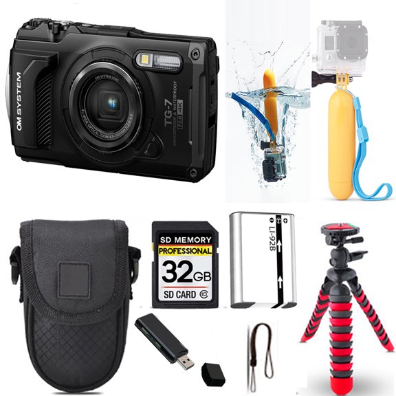 Olympus OM SYSTEM Tough TG-7 Digital Camera (Black) + Floating Hand Grip + Spider Tripod + Case - 32GB Kit