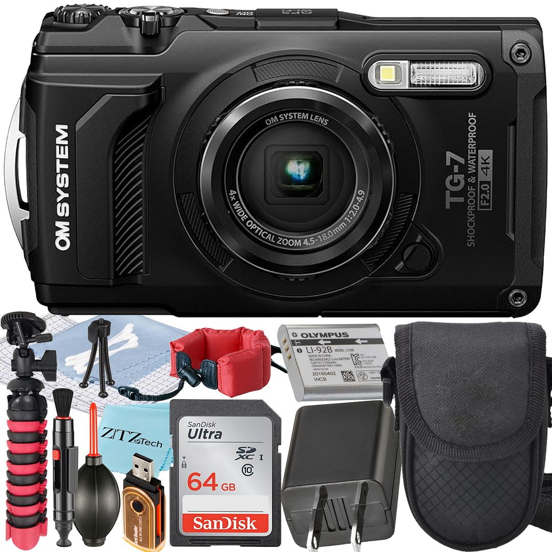 Olympus OM SYSTEM Tough TG-7 Digital Camera (Black) + SanDisk 64GB Memory Card + Case ZeeTech Accessory Bundle (Advanced Kit)