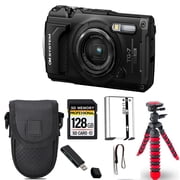 Olympus OM SYSTEM Tough TG-7 Digital Camera Black+ Spider Tripod + Case - 128GB Kit