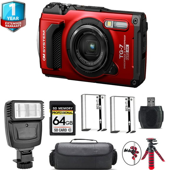 Olympus OM SYSTEM Tough TG-7 Digital Camera (Red) + 1 Yr Warranty + Flash - 64GB Kit (International Version)