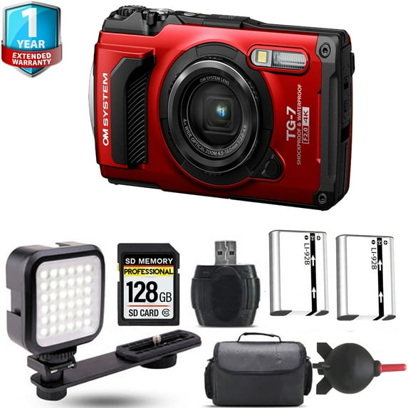 Olympus OM SYSTEM Tough TG-7 Digital Camera (Red) + Extra Battery + 1 Yr Warranty - 128GB Kit (International Version)