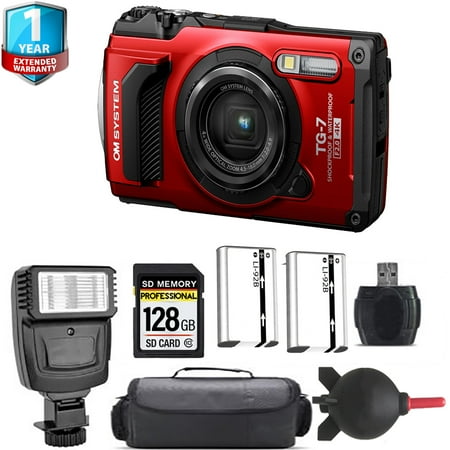Olympus OM SYSTEM Tough TG-7 Digital Camera (Red) + Extra Battery + Flash+ 1 Yr Warranty (International Version)