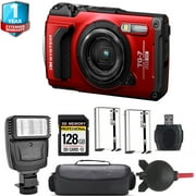 Olympus OM SYSTEM Tough TG-7 Digital Camera Red + Extra Battery + Flash+ International Version