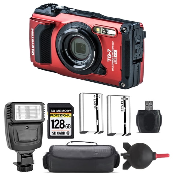 Olympus OM SYSTEM Tough TG-7 Digital Camera (Red) + Extra Battery + Flash+ 1 Yr Warranty