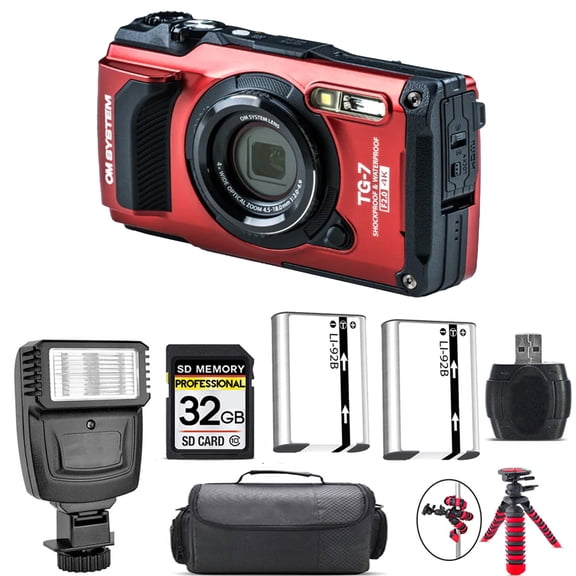 Olympus OM SYSTEM Tough TG-7 Digital Camera (Red) + Extra Battery + Flash - 32GB Kit