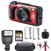 Olympus OM SYSTEM Tough TG-7 Digital Camera Red + Extra Battery + Flash - 64GB Kit