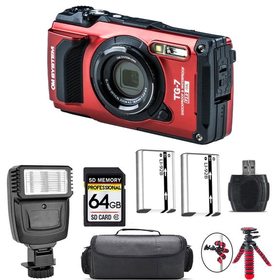 Olympus OM SYSTEM Tough TG-7 Digital Camera (Red) + Extra Battery + Flash - 64GB Kit