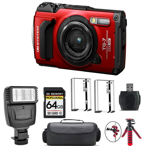 Olympus OM SYSTEM Tough TG-7 Digital Camera (Red) + Extra Battery + Flash - 64GB Kit (International Version)