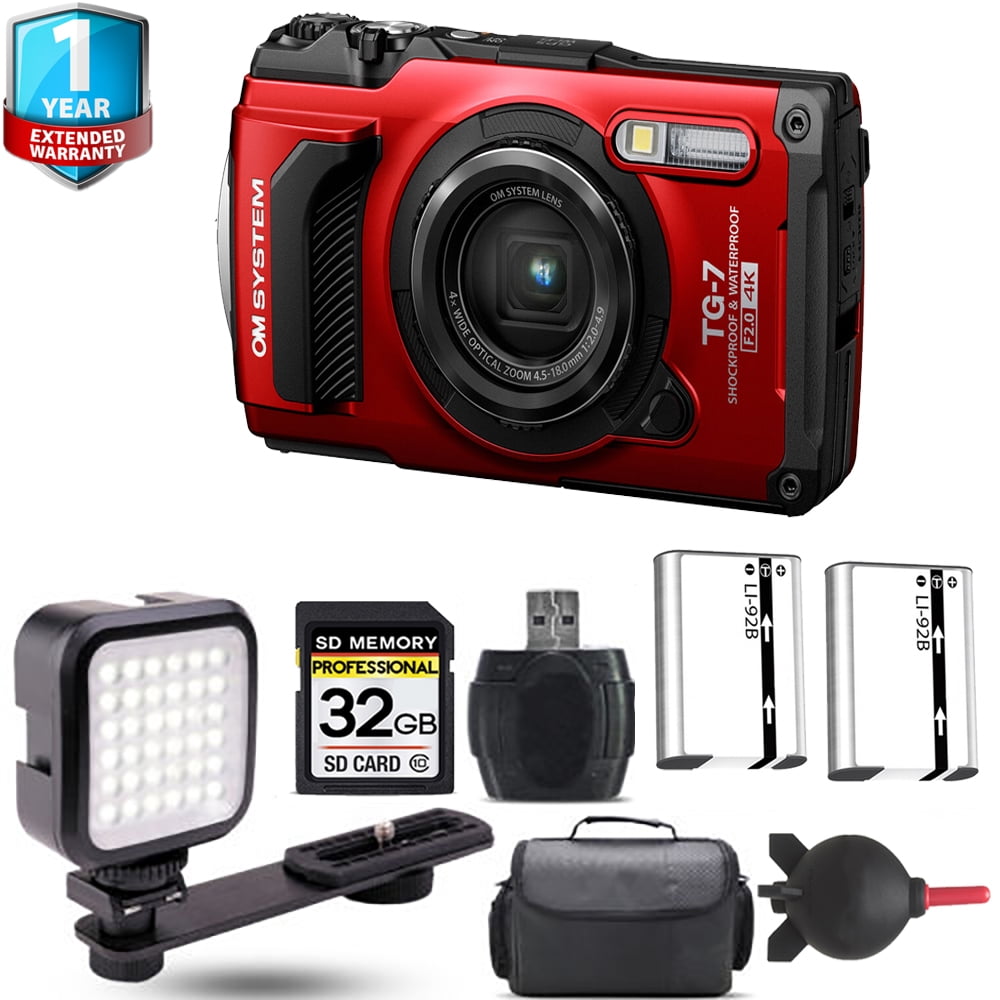 Olympus OM SYSTEM Tough TG-7 Digital Camera (Red) + Extra Battery + LED