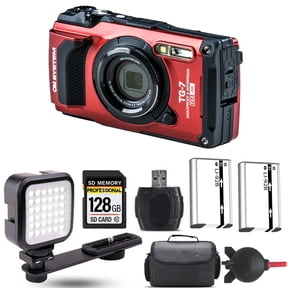 Olympus OM SYSTEM Tough TG-7 Digital Camera (Red) + Extra Battery + LED - 128GB Kit