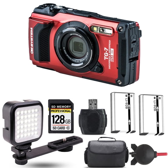 Olympus OM SYSTEM Tough TG-7 Digital Camera (Red) + Extra Battery + LED - 128GB Kit