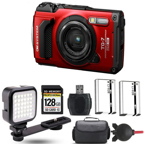Olympus OM SYSTEM Tough TG-7 Digital Camera (Red) + Extra Battery + LED - 128GB Kit (International Version)