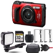 Olympus OM SYSTEM Tough TG-7 Digital Camera Red+ Extra Battery + LED - 32GB Kit International Version