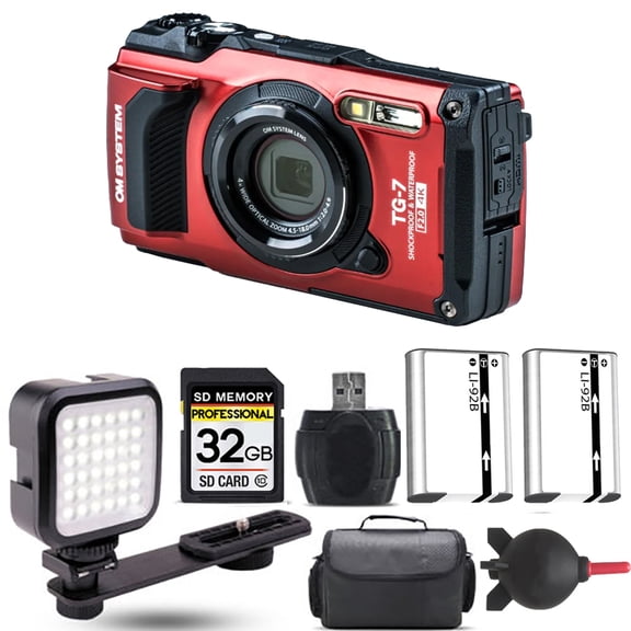 Olympus OM SYSTEM Tough TG-7 Digital Camera (Red)+ Extra Battery + LED - 32GB Kit