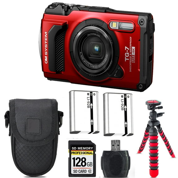 Olympus OM SYSTEM Tough TG-7 Digital Camera (Red) + Extra Battery +Tripod + Case -128GB Kit (International Version)