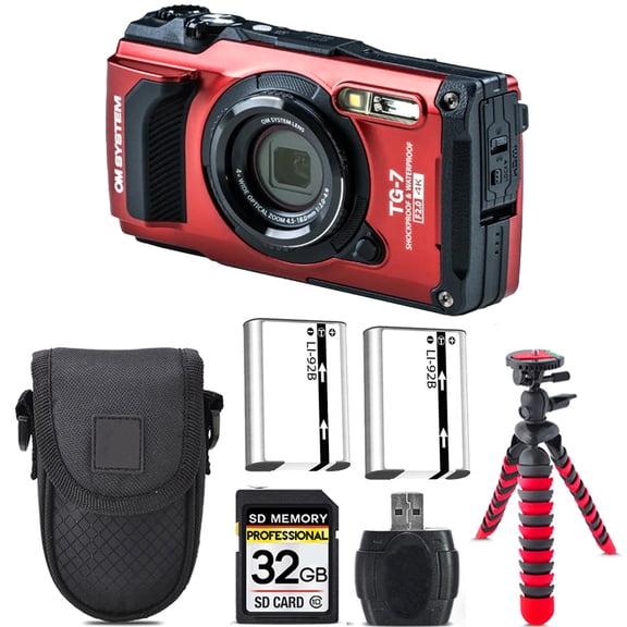 Olympus OM SYSTEM Tough TG-7 Digital Camera (Red) + Extra Battery +Tripod + Case -32GB Kit