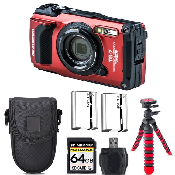 Olympus OM SYSTEM Tough TG-7 Digital Camera (Red) + Extra Battery +Tripod + Case -64GB Kit