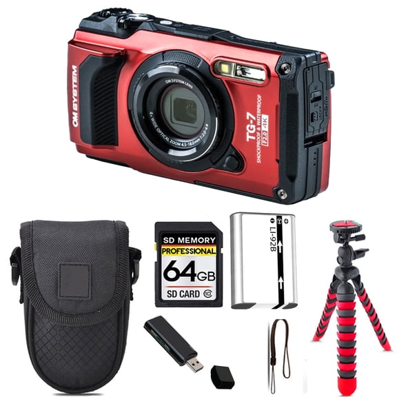 Olympus OM SYSTEM Tough TG-7 Digital Camera (Red) + Tripod + Case - 64GB Kit