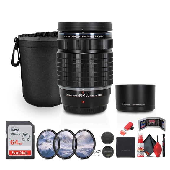 Olympus OM System M.Zuko Digital ED 40-150mm f/4 PRO Lens (V335040BW000) Bundle Including: 64 GB Memory Card, 3-Piece Filter Kit, Lens Pouch, Lens Hood, Lens Caps, Cloth, Lens Caps, More